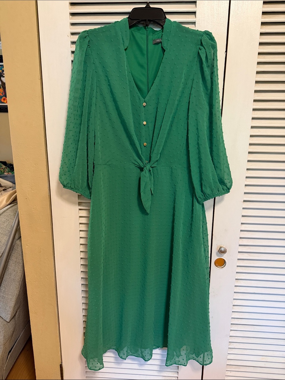 julia jordan Emerald Green Tie-Front Midi Dress with Puff Sleeves